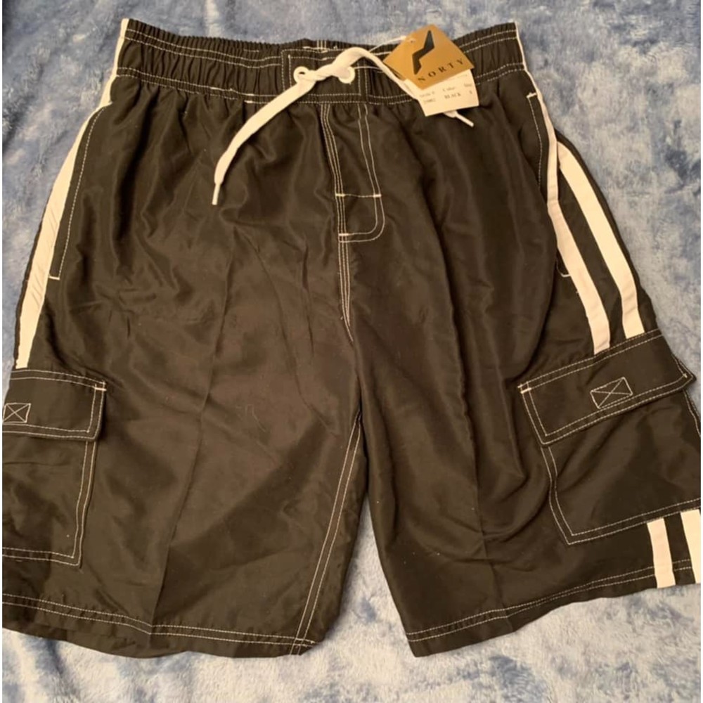 NWT Norty Brand Black Double Stripe Mens Swim Trunks Net Lining Brand New S Sm